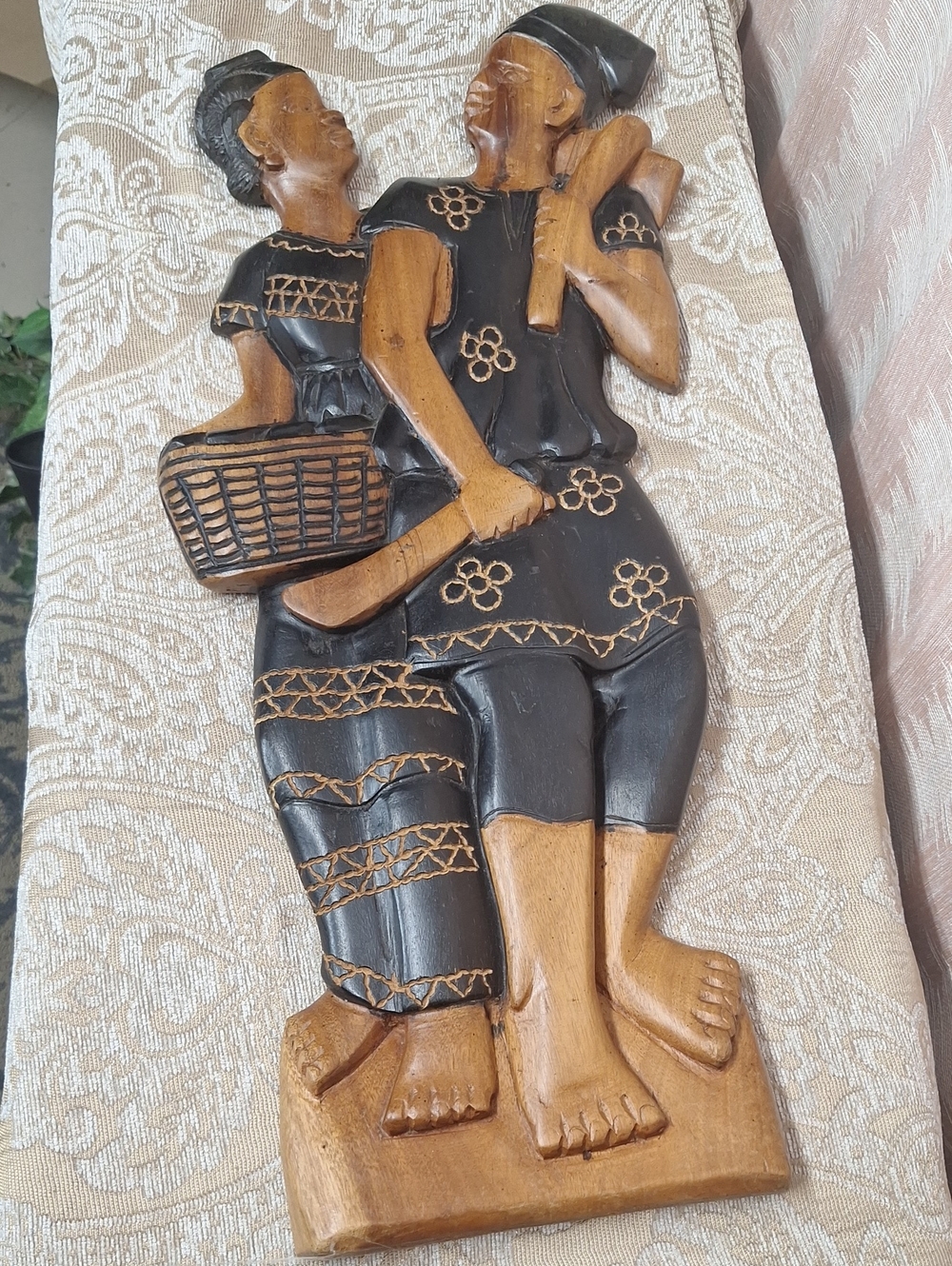 Hand-Carved Wood Wall Art Panel in Black and Brown